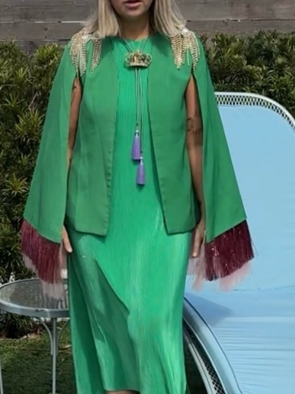 Cosmic Collective Blazer cape in green w/pink fringe - Picture 4 of 11
